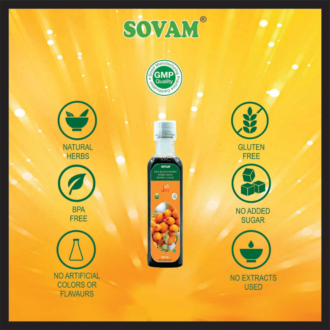 Sovam Sea Buckthorn Juice, 500ml | For Healthy Heart, Immunity Power, Skin Care & Body Detox