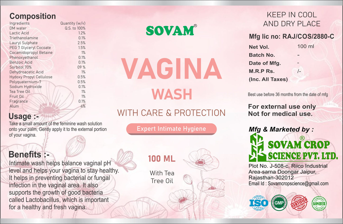 VAGINAL WASH 100ML Feminine hygiene | Sovam Ayurveda