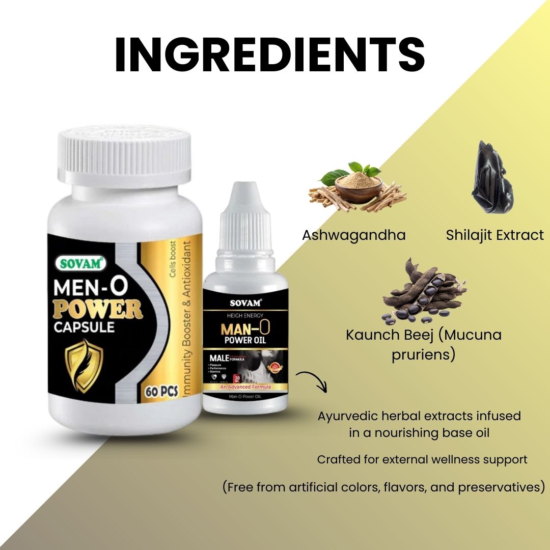 Sovam Man O Power Combo – Capsules (60 Caps) & Herbal Oil (30 ml) | Men’s Vitality Support